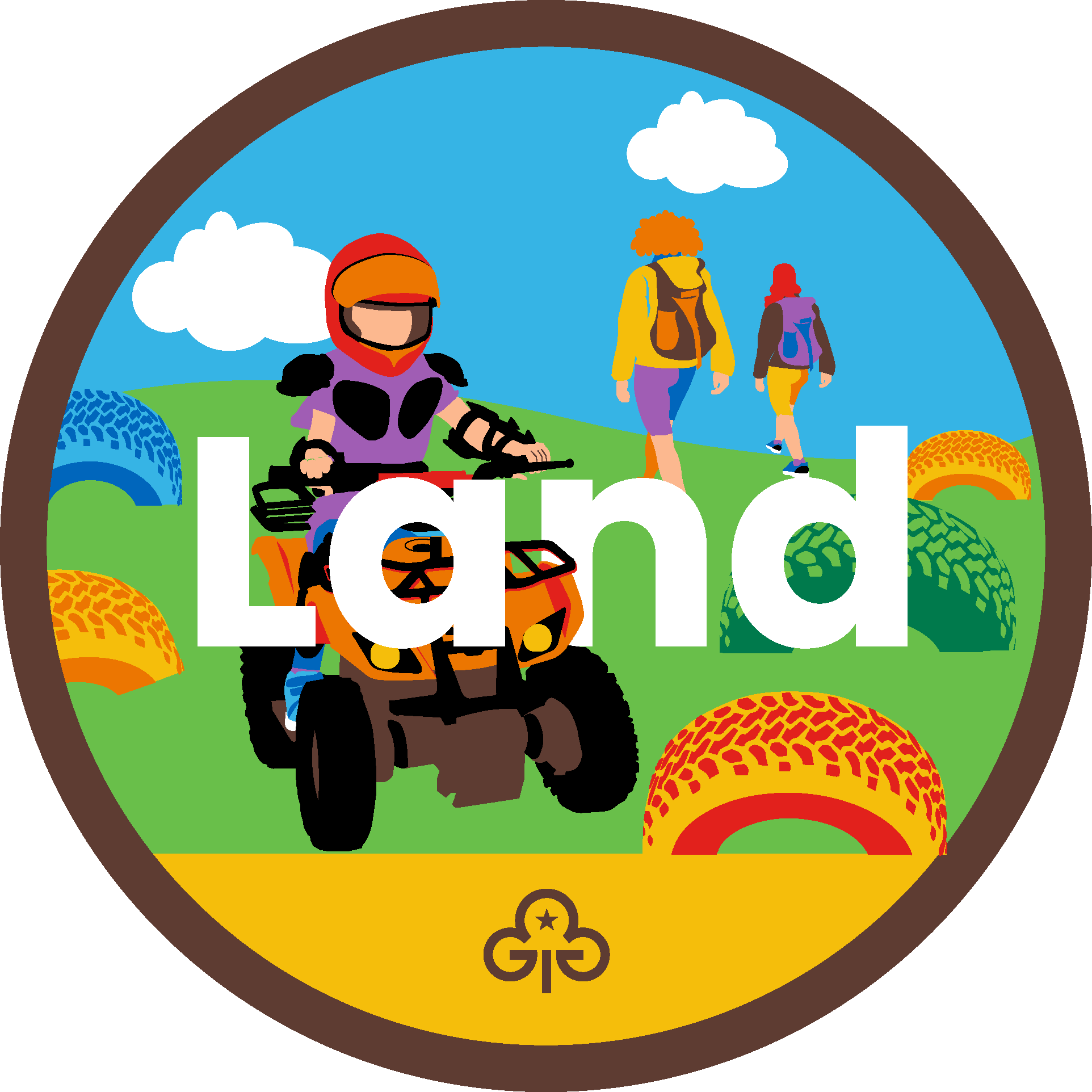 Brownie land adventure badge with graphics of girls quad biking and walking
