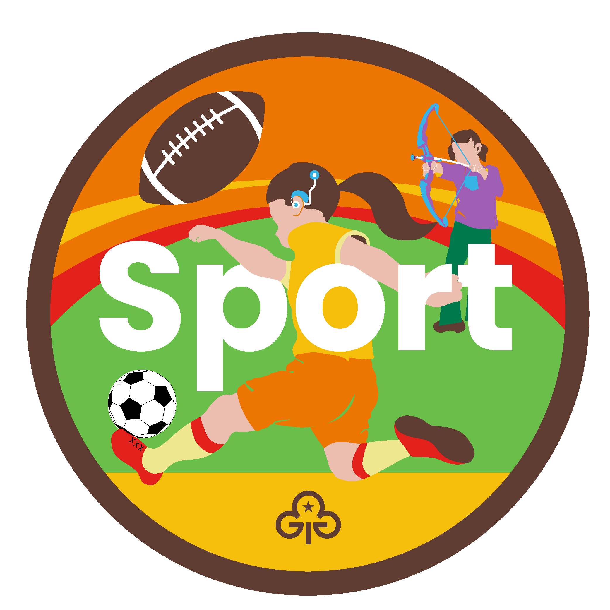 Brownie sport adventure badge with graphics of girls playing football and doing soft archery