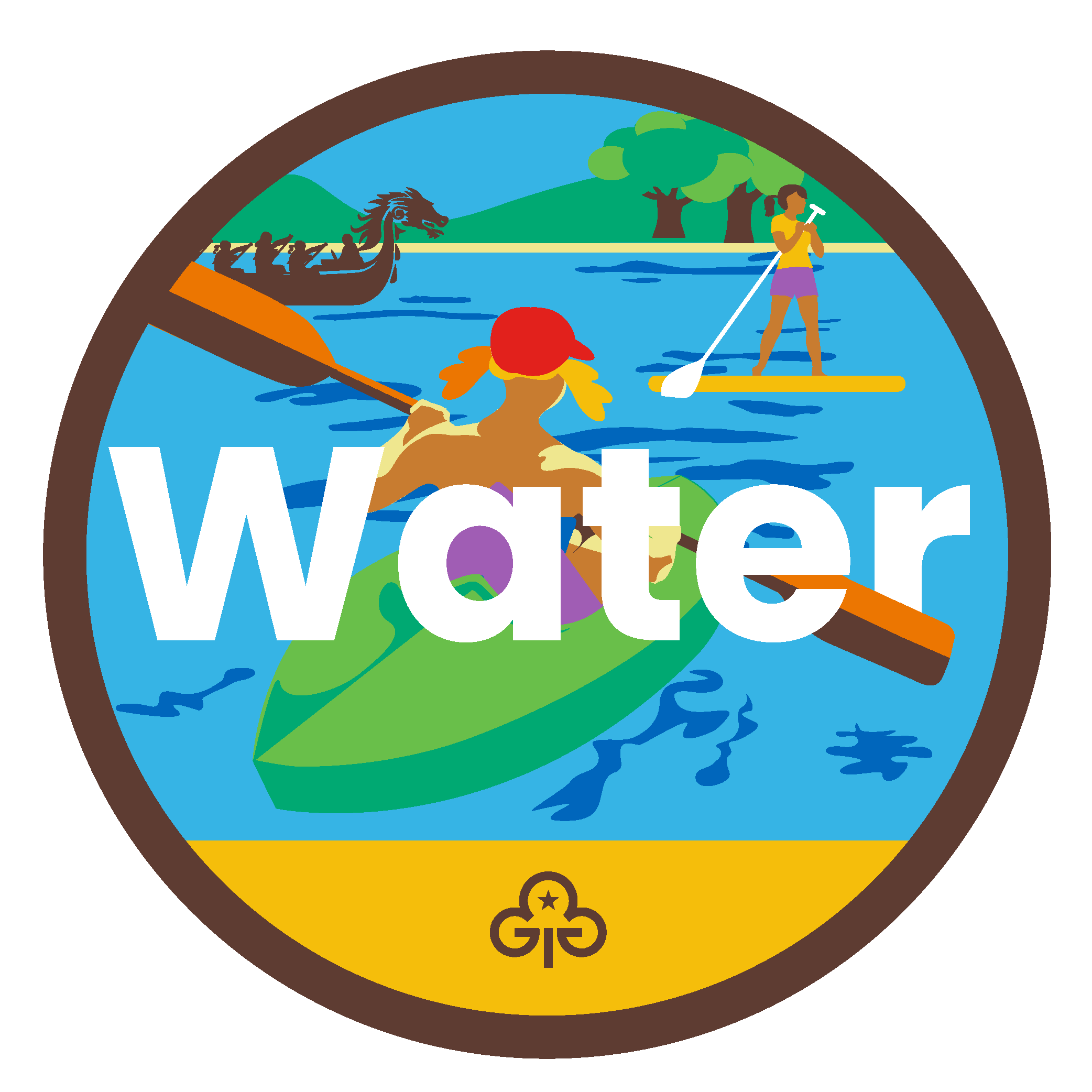 Brownie water adventure badge with graphics of girls dragon boating, stand up paddle boarding and kayaking