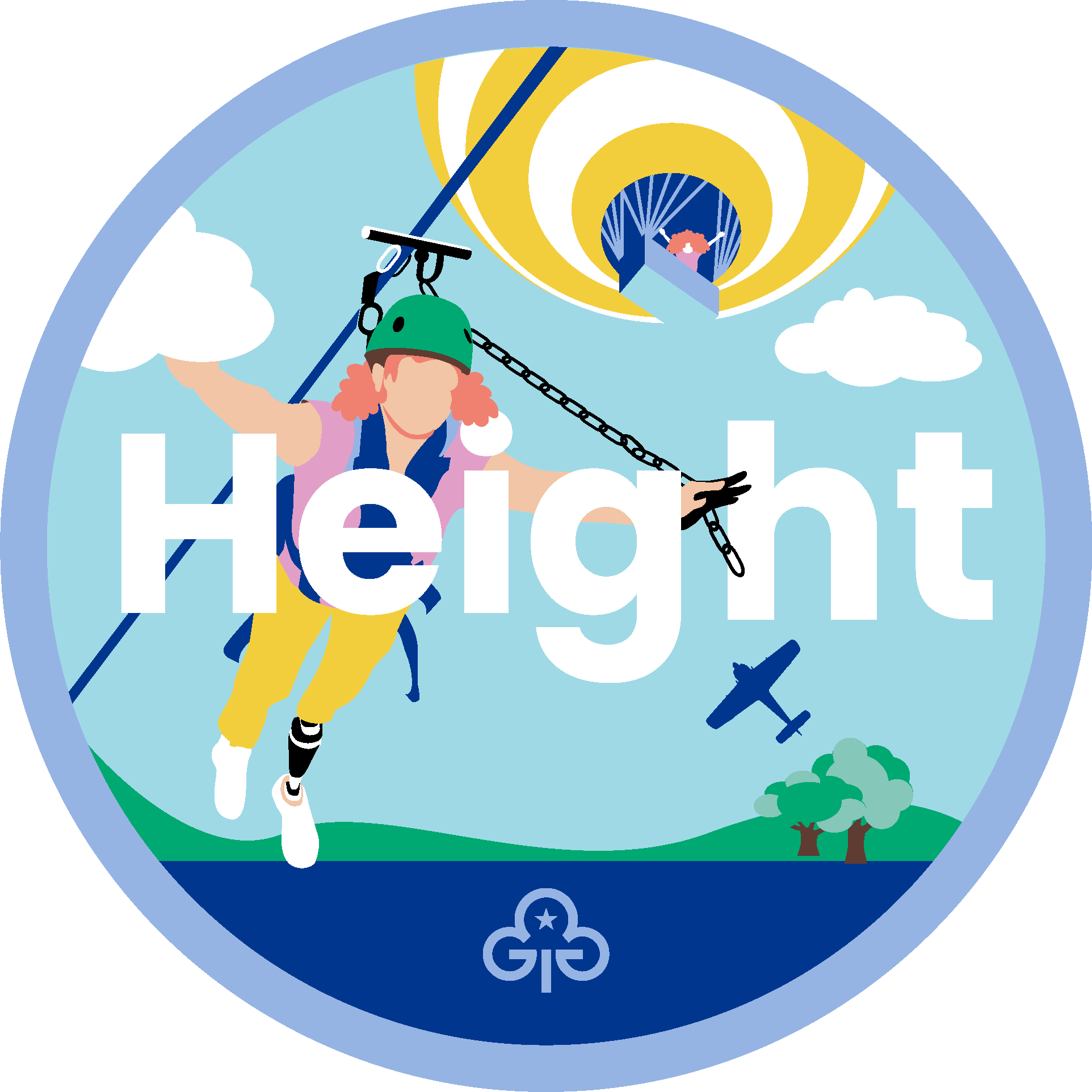 Guide height adventure badge with graphics of girls zip lining and hot air ballooning