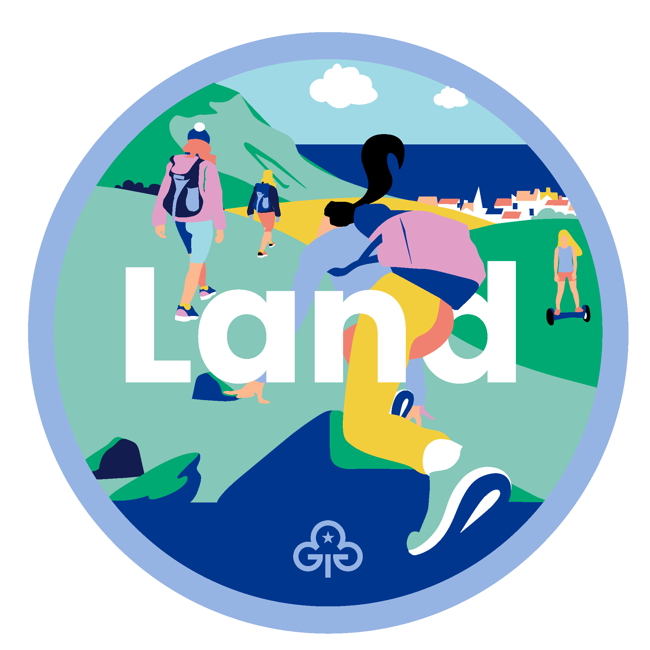 Guide land adventure badge with graphics of girls scrambling and on a segway