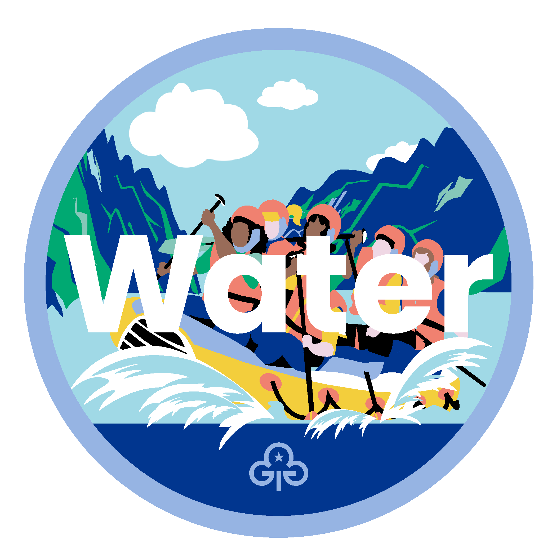 Guide water adventure badge with graphics of girls white water rafting