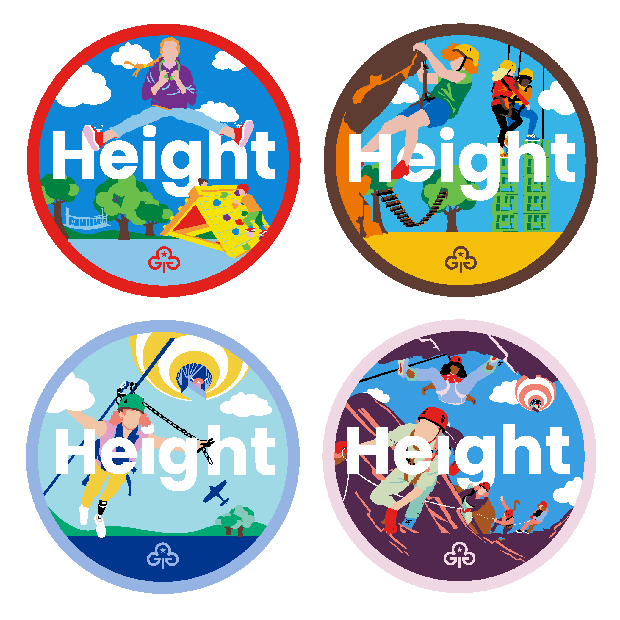 Four badges with illustrations of girls doing height-based activities