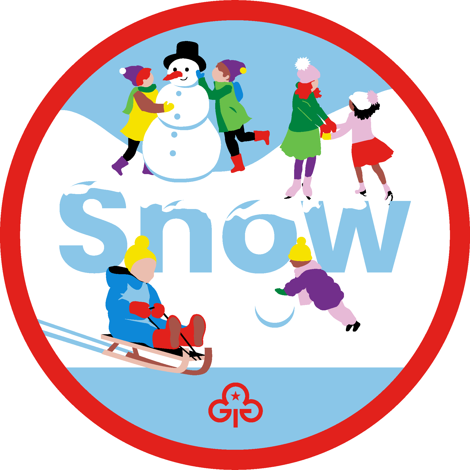 Rainbow snow adventure badge with graphics of making a snowperson, ice skating and sledging