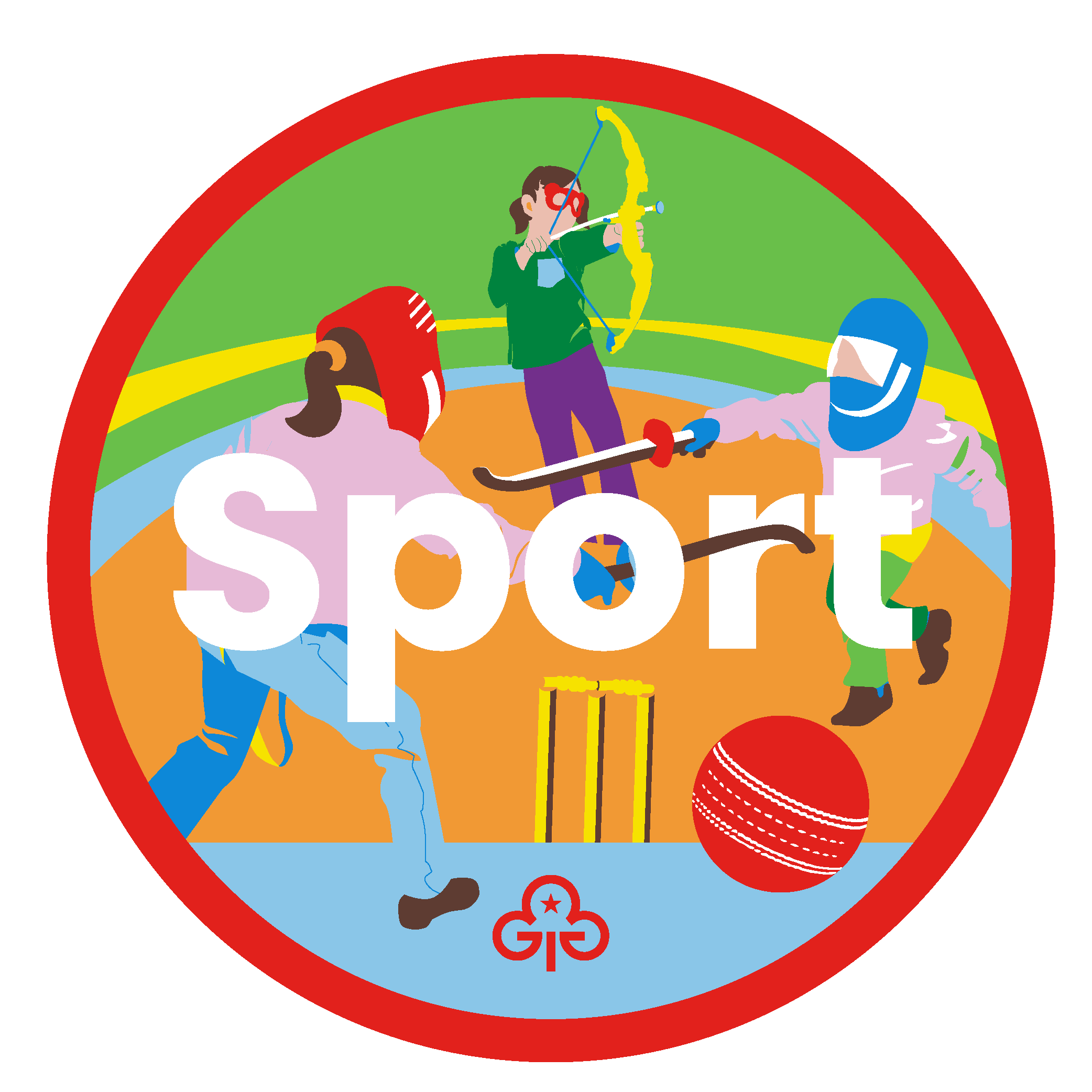Rainbow sport adventure badge with graphics of girls fencing and doing soft archery