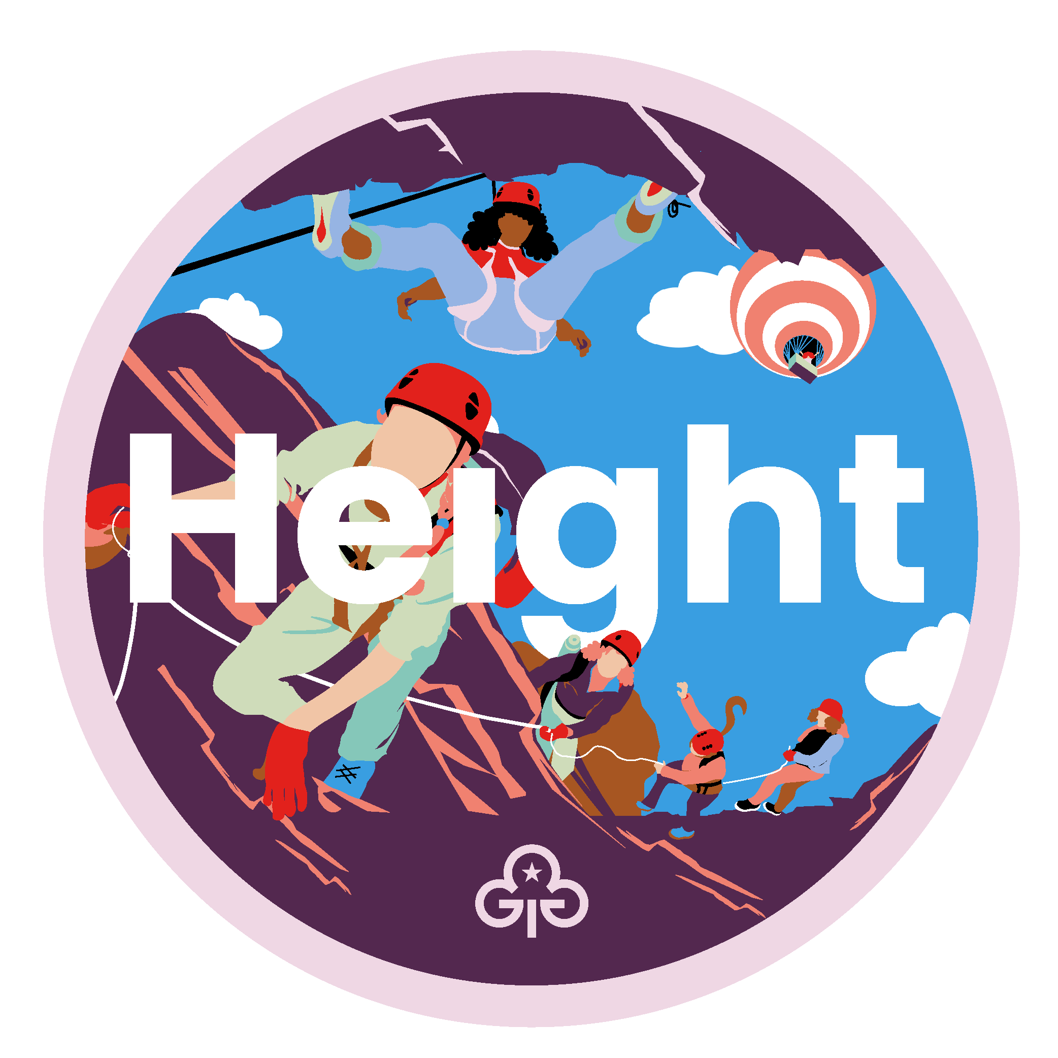 Ranger height adventure badge with graphics of girls climbing and hot air ballooning
