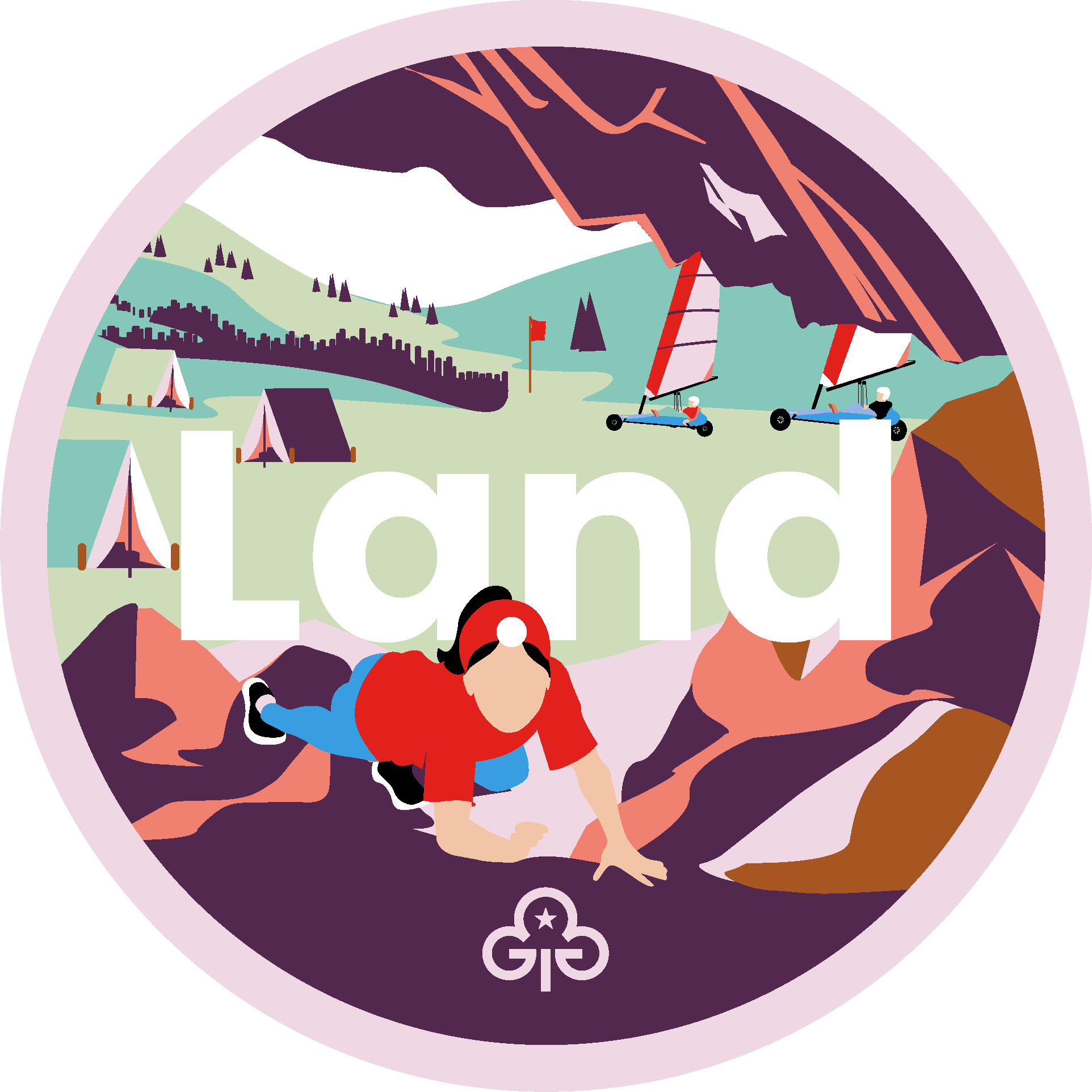 Ranger height adventure badge with graphics of girls caving and land sailing