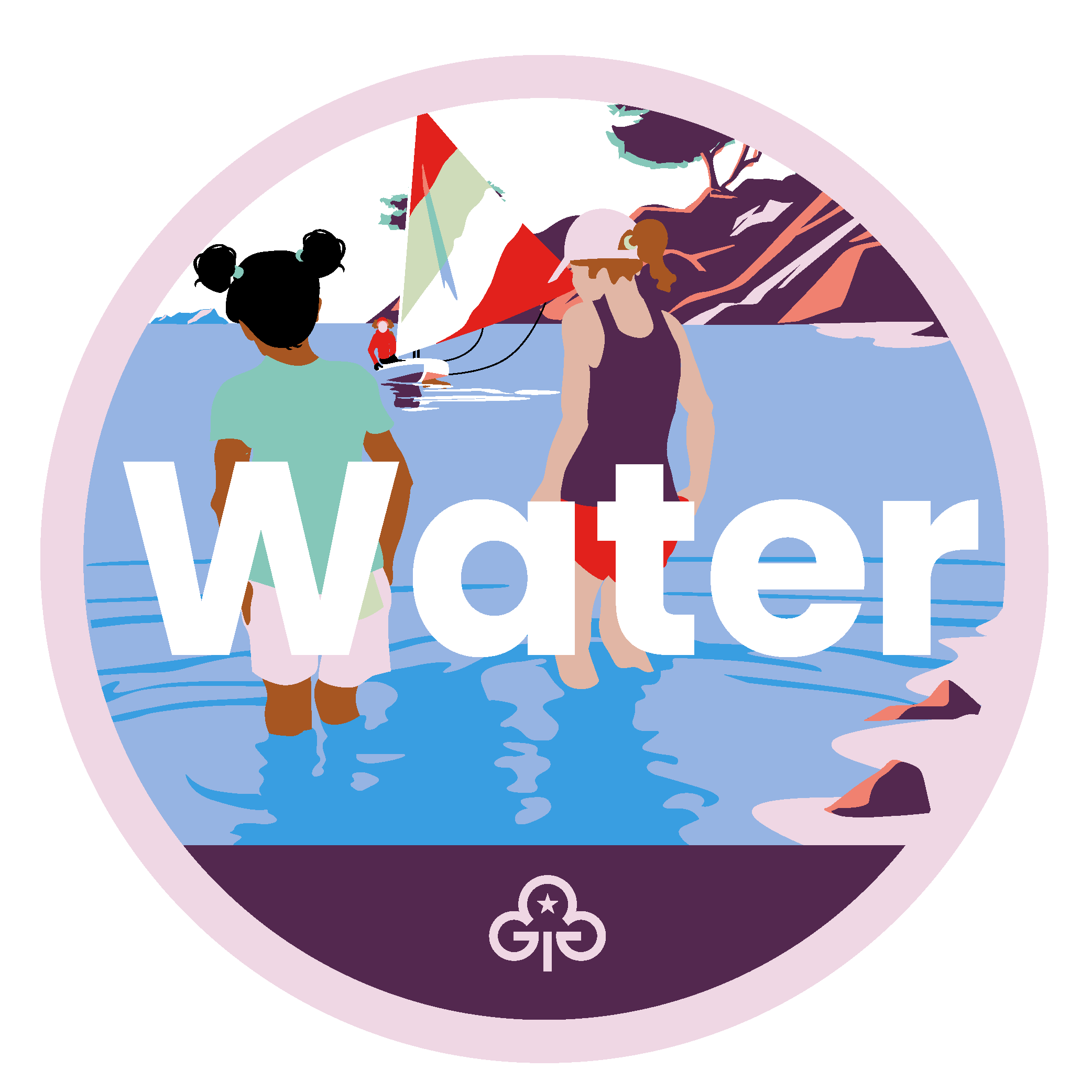 Ranger water adventure badge with graphics of girls paddling and sailing