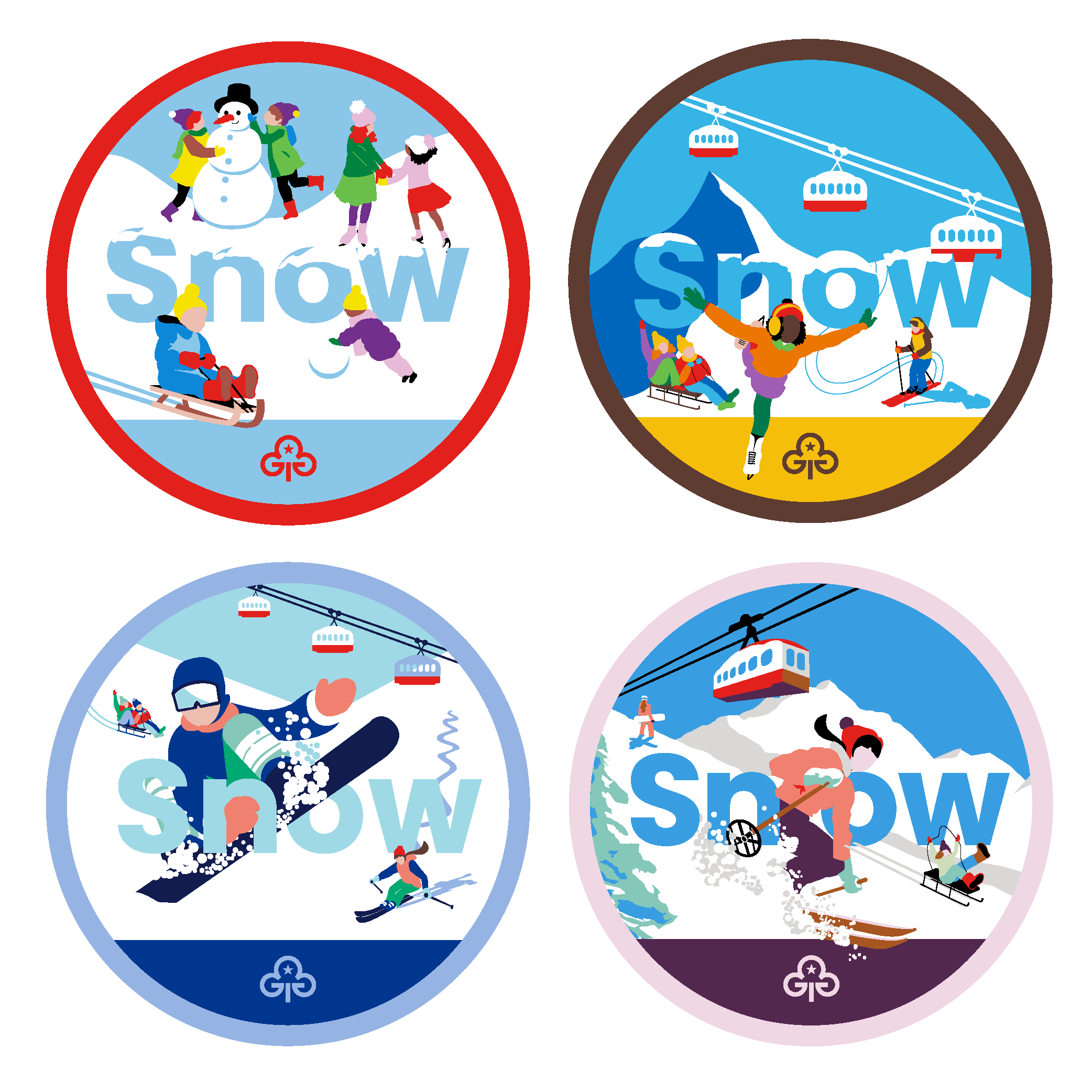 Four badges with illustrations of girls doing snow-based activities