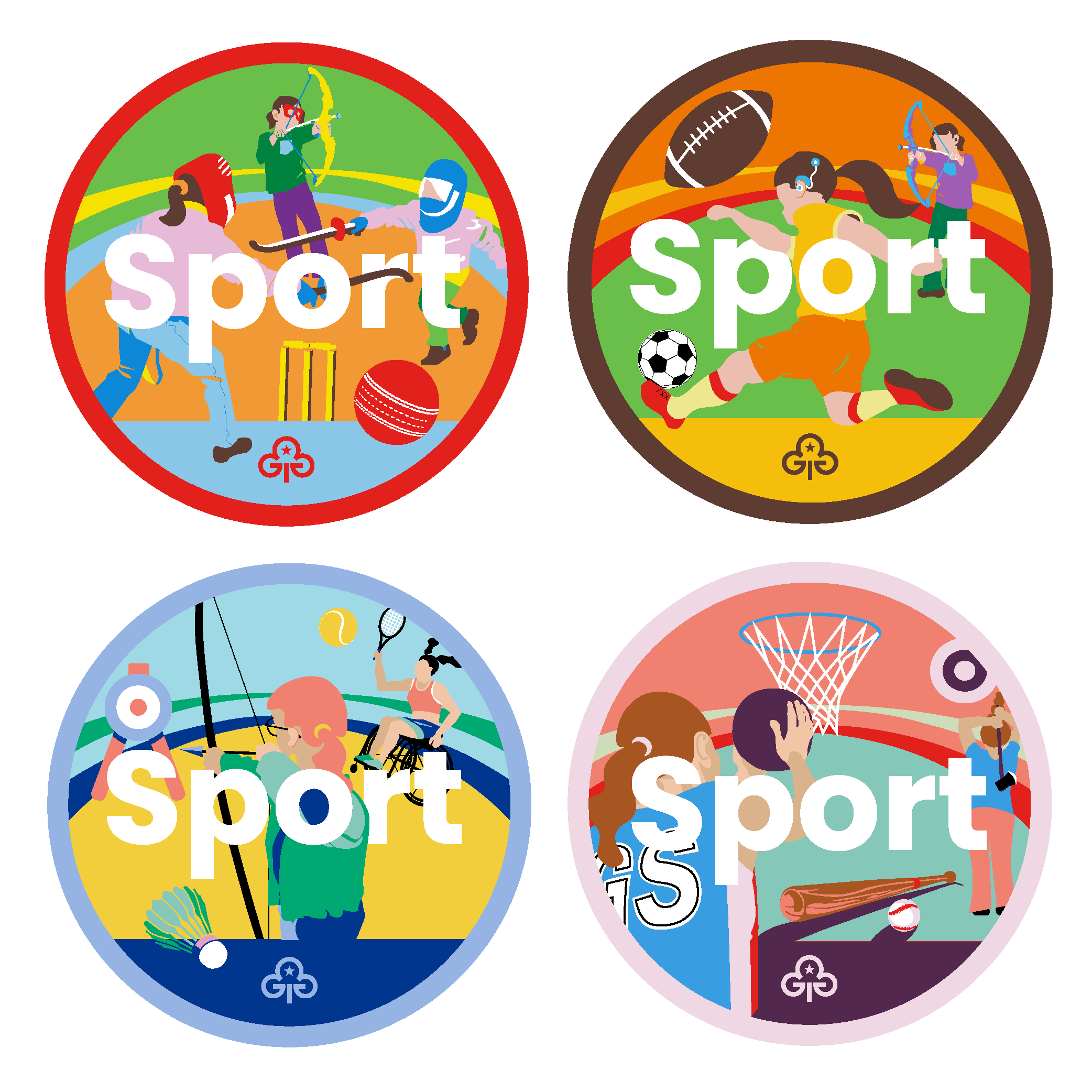 Four badges with illustrations of girls doing sport-based activities