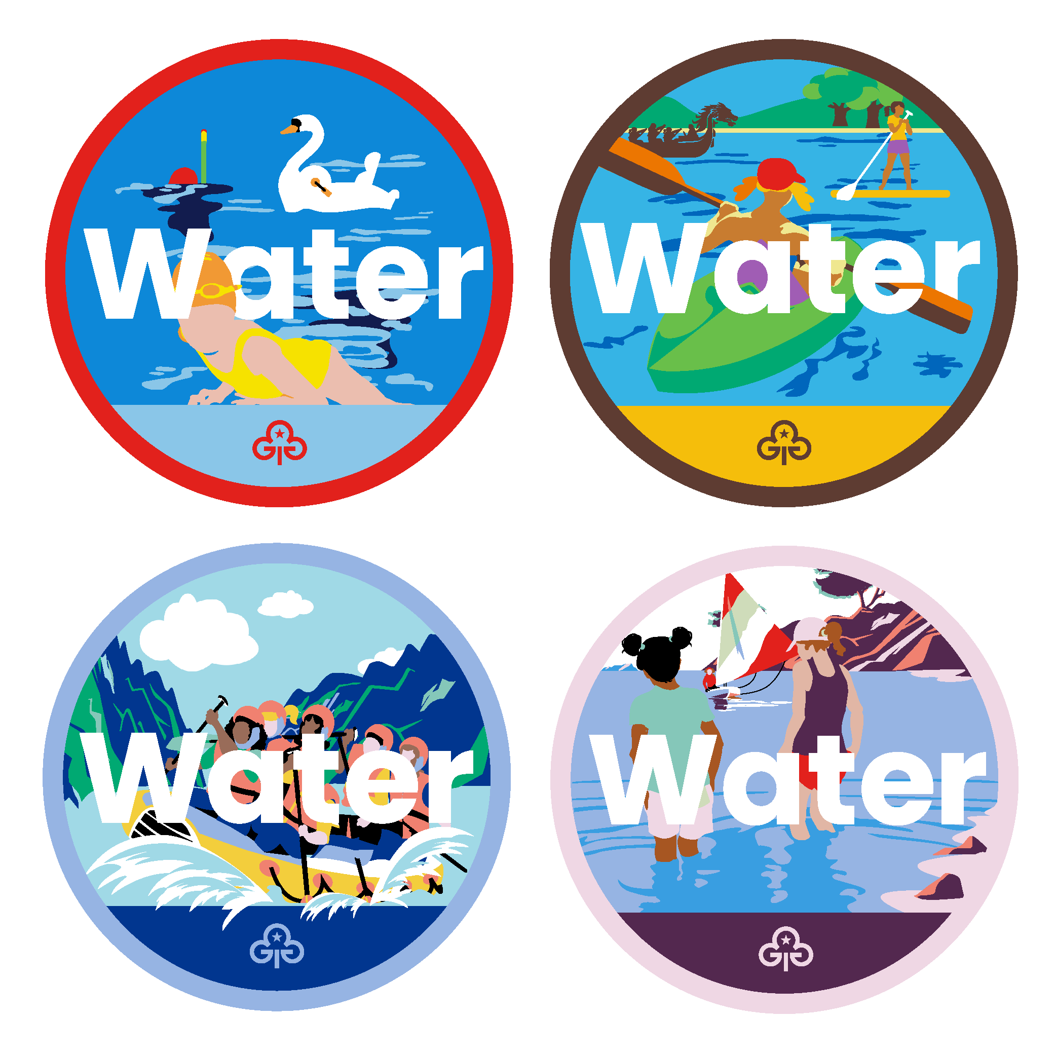Four badges with illustrations of girls doing water-based activities