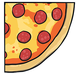 Cartoon pepperoni pizza slice. It's a quarter of a circle.