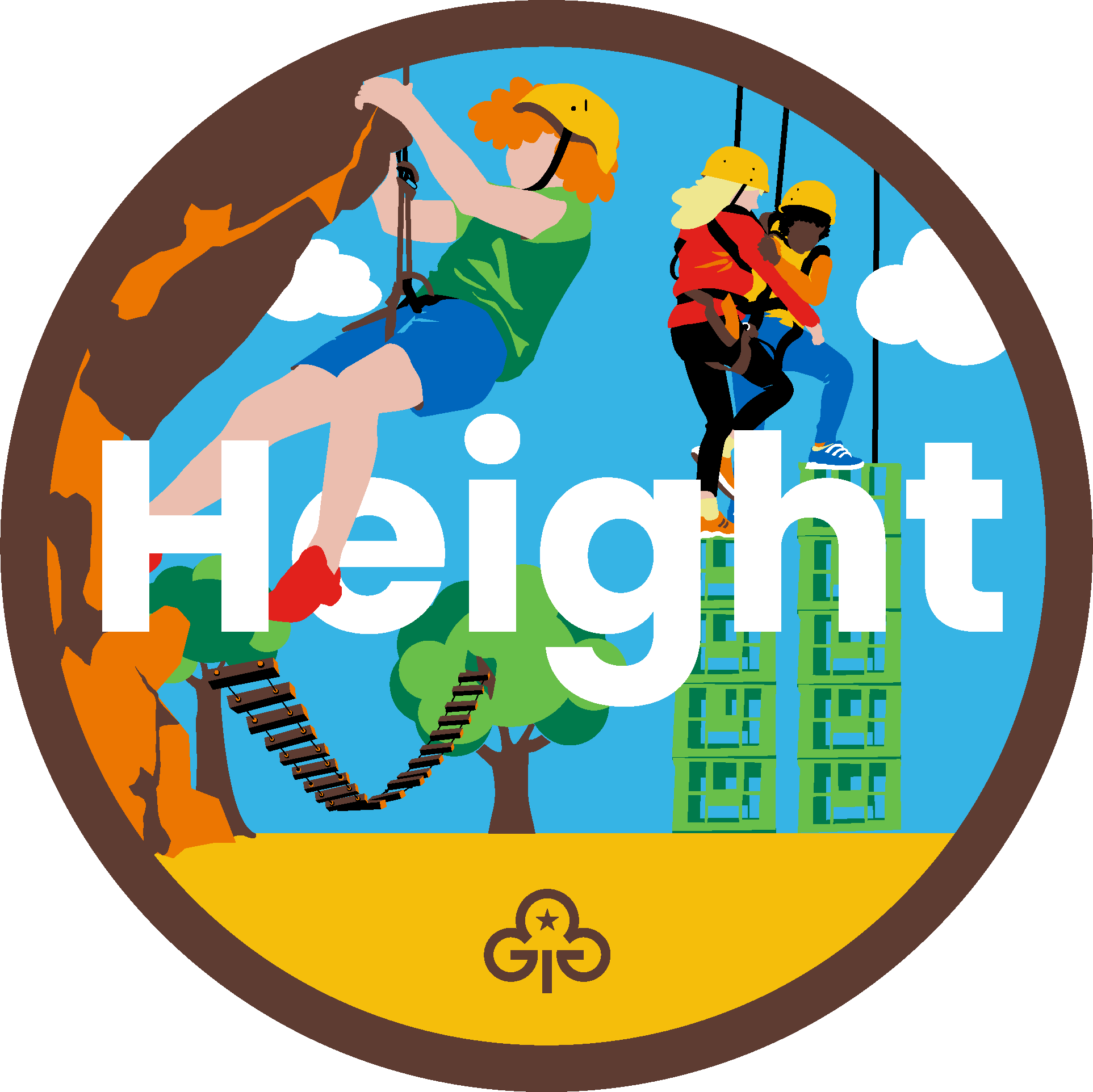 Brownie height adventure badge with graphics of girls doing crate stacking and climbing