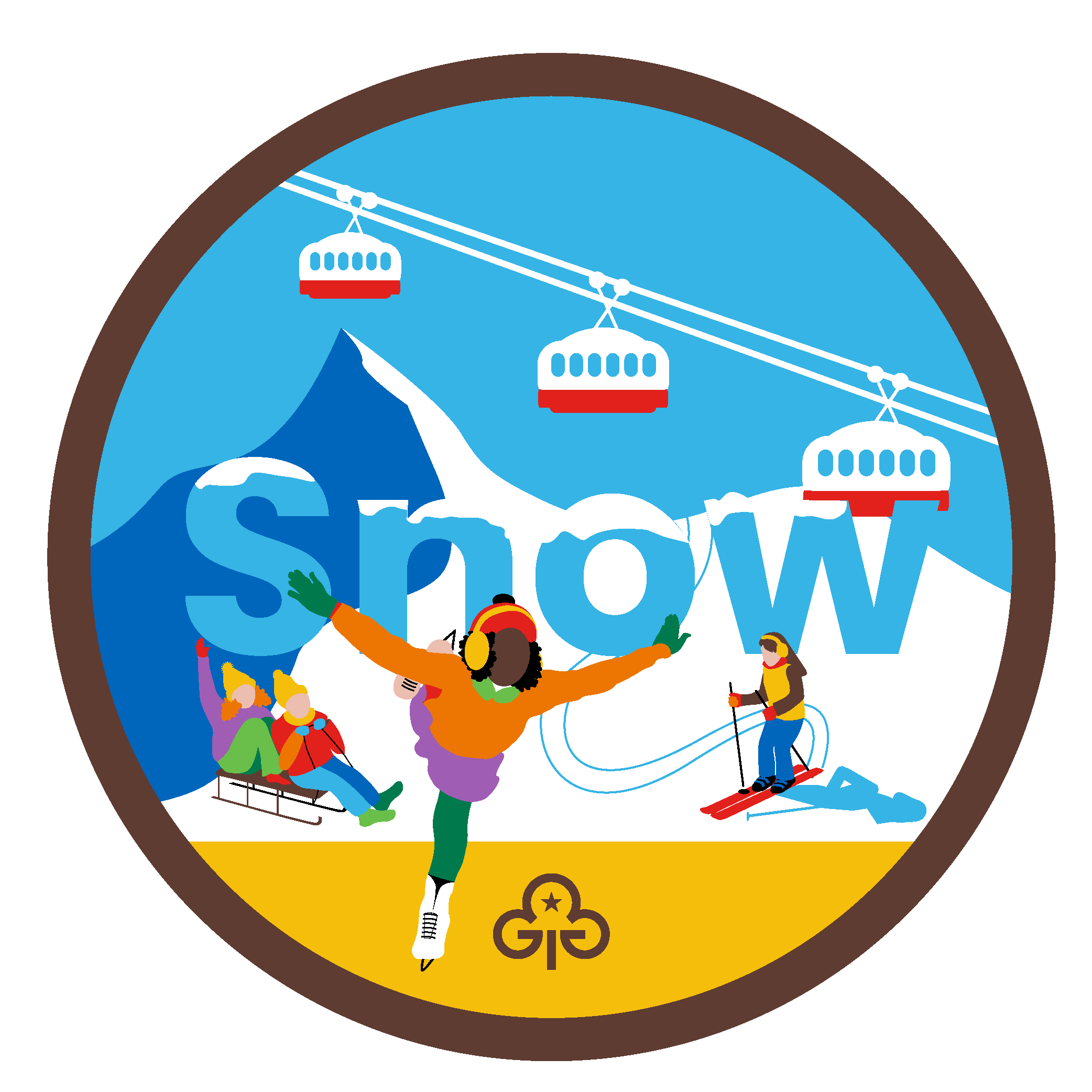 Brownie snow adventure badge with graphics of girls ice skating, sledging and skiing