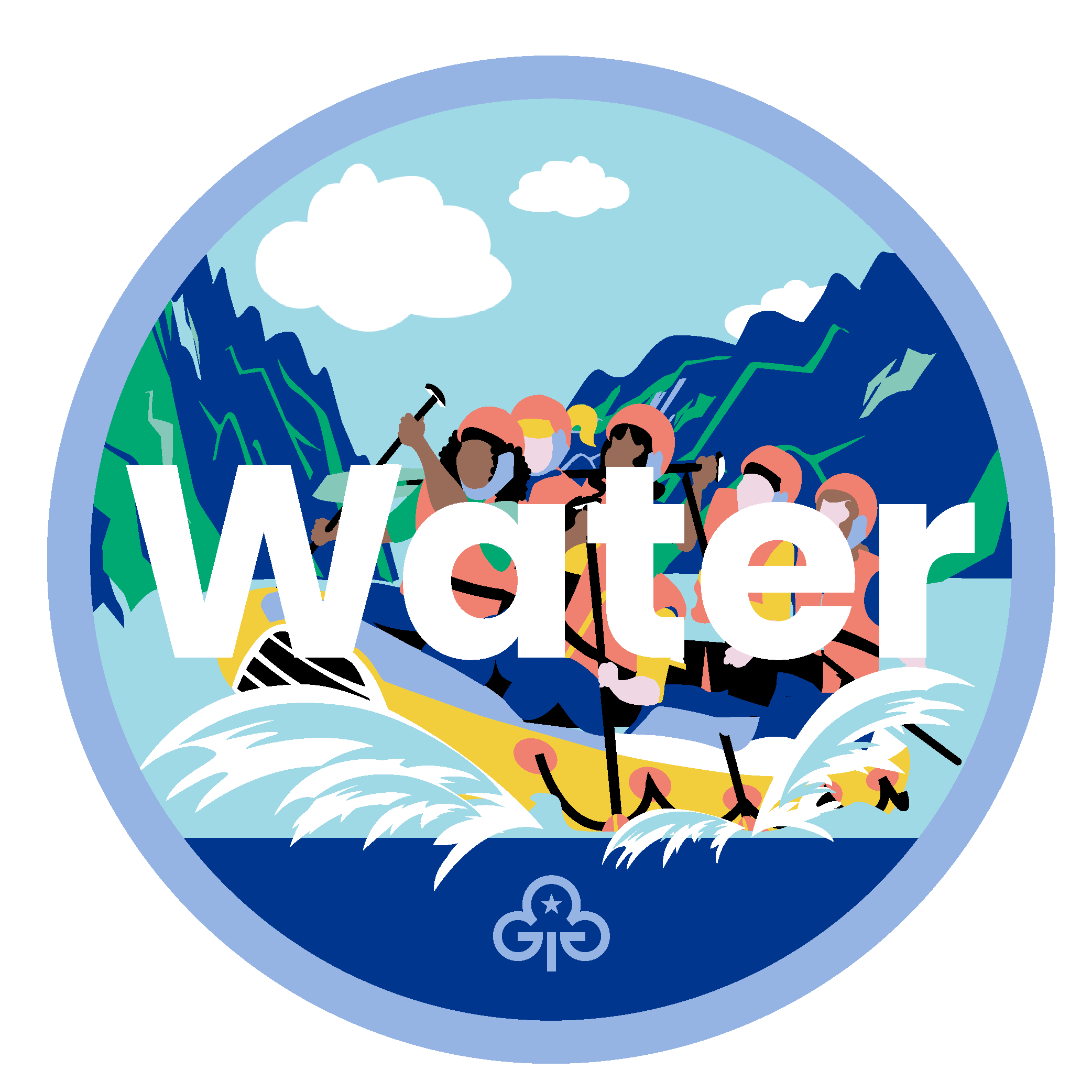 Guide water adventure badge with graphics of girls white water rafting