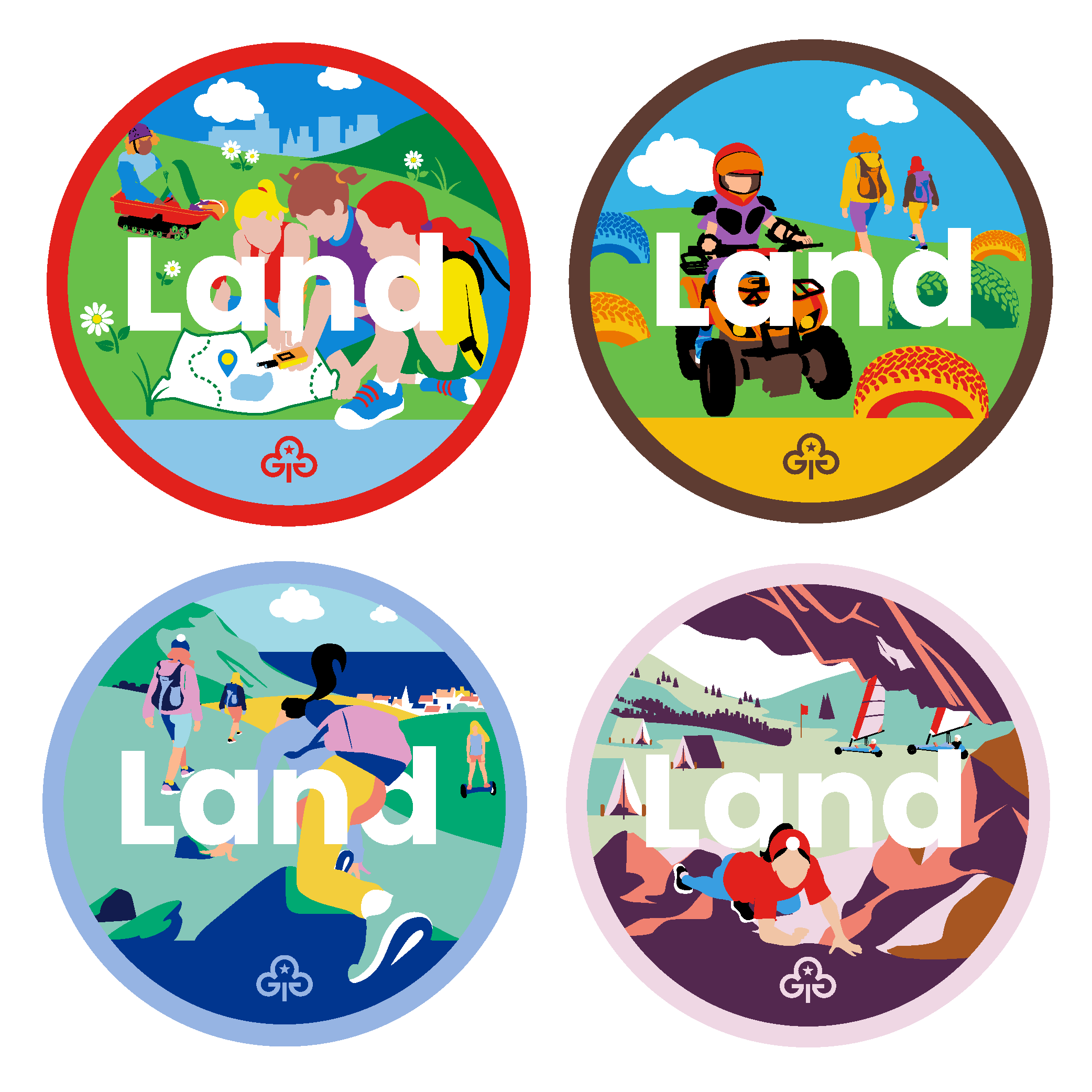 Four badges with illustrations of girls doing land-based activities