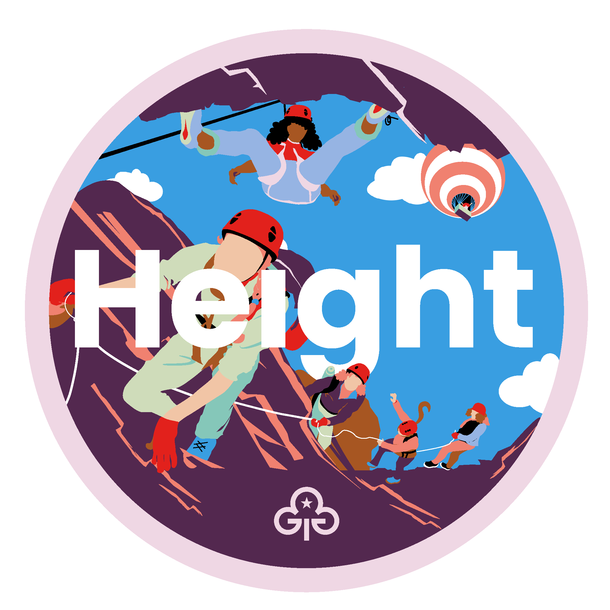 Ranger height adventure badge with graphics of girls climbing and hot air ballooning